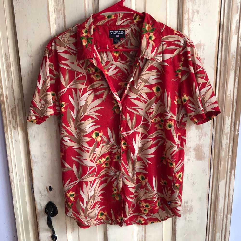 Polo jeans Ralph Lauren red Hawaiian shirt top SzL